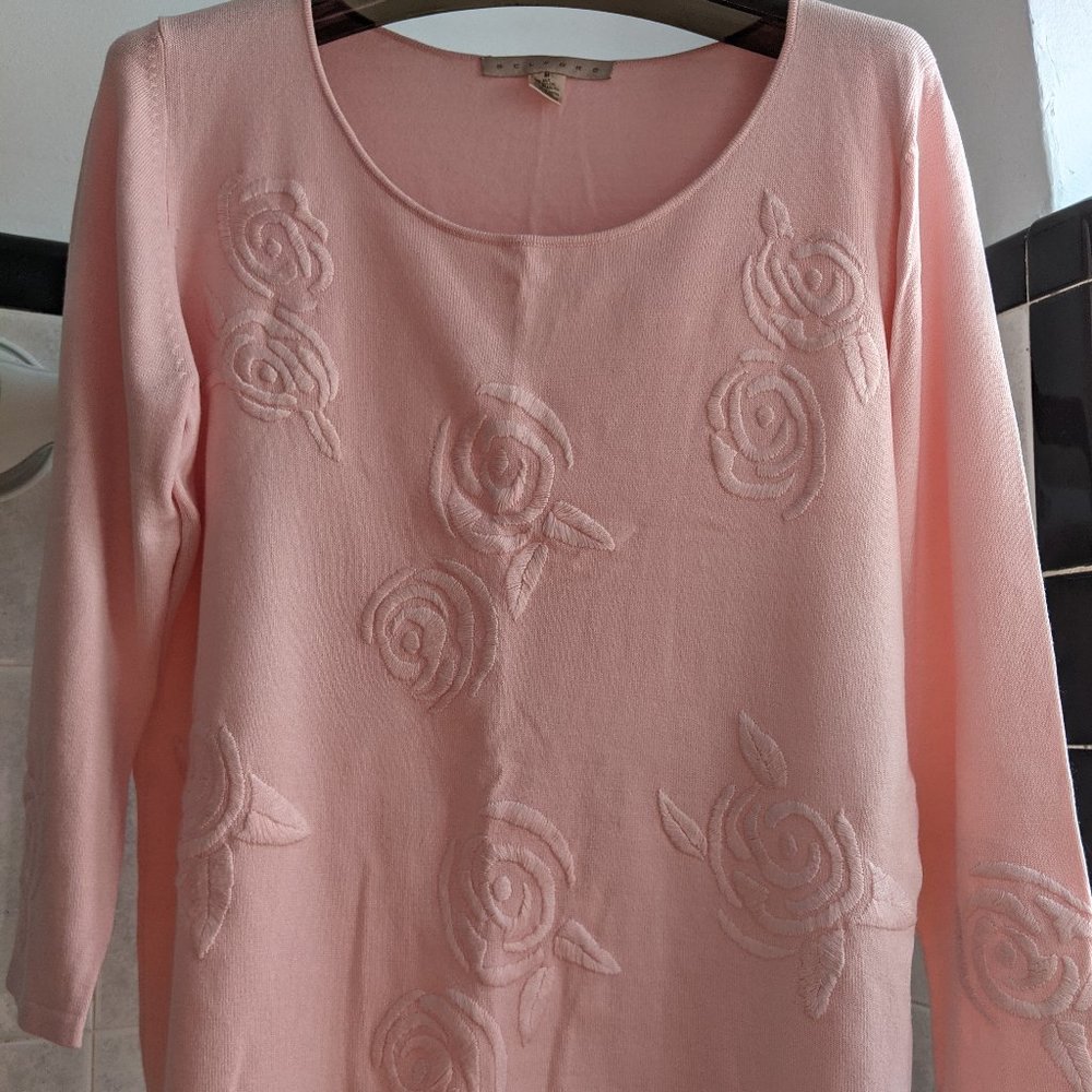 Scoop Neck Rose Embroidered Silk  Sweater